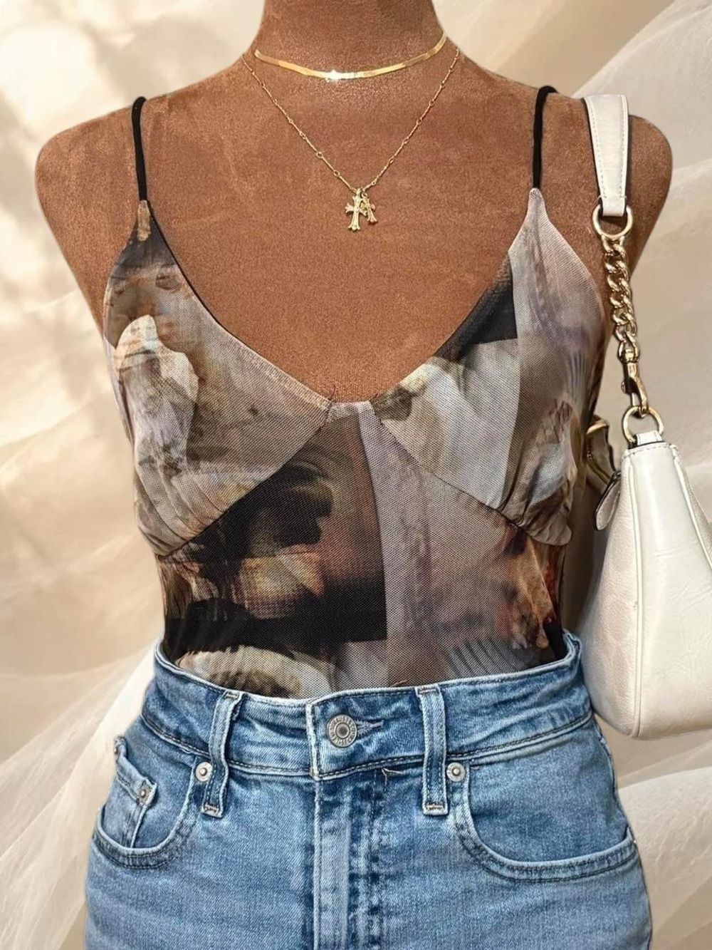 PRETTYLITTLETHING Nude Mesh Abstract Renaissance Print Cami Bodysuit 6